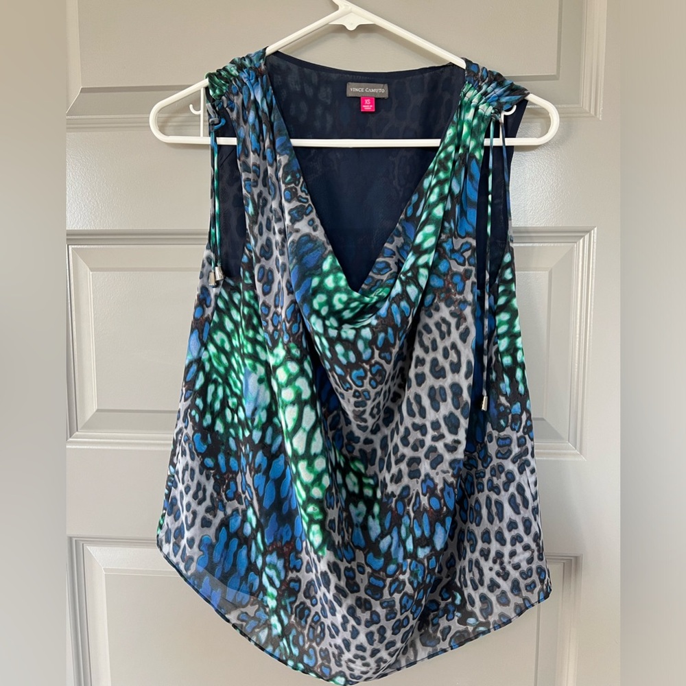 Vince Camuto Sleeveless Blouse Blue Green Gray Animal Print Size XS